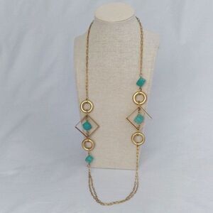 Gold-toned metal-turquoise-colored stones geometrical style necklace with metal